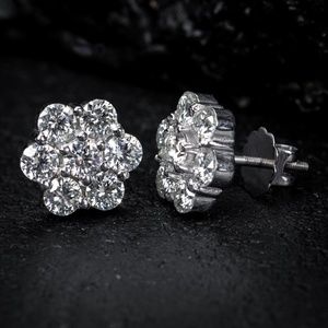 Large Stud Cluster Flower White Gold 925 Sterling Silver Cz Screw Back Earrings